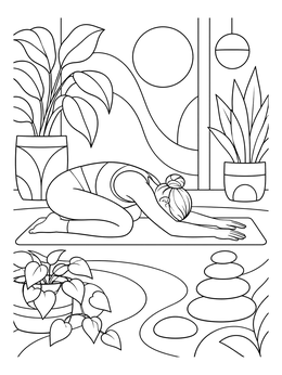 A woman resting in child's pose on a yoga mat in this mental health coloring page.