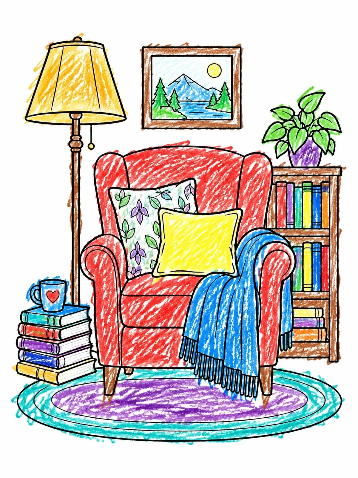 Colored example of the Cozy Armchair Reading Nook coloring page
