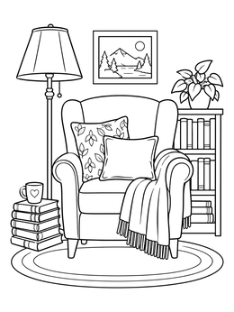 A cozy armchair with books and a lamp on this mental health coloring page.