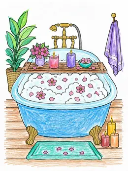 Cozy Bubble Bath With Candles – Mental Health Coloring Page