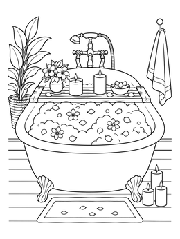 A relaxing bubble bath scene with candles on this mental health coloring page.