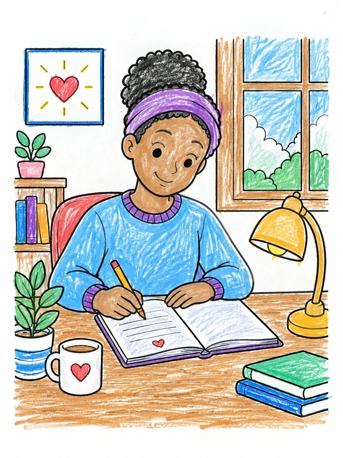 Colored example of the Cozy Gratitude Journaling At Desk coloring page