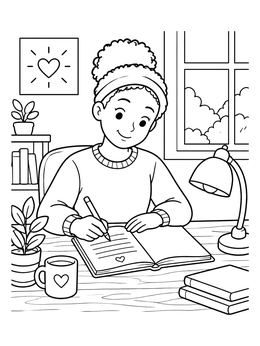 Free printable Cozy Gratitude Journaling At Desk coloring page