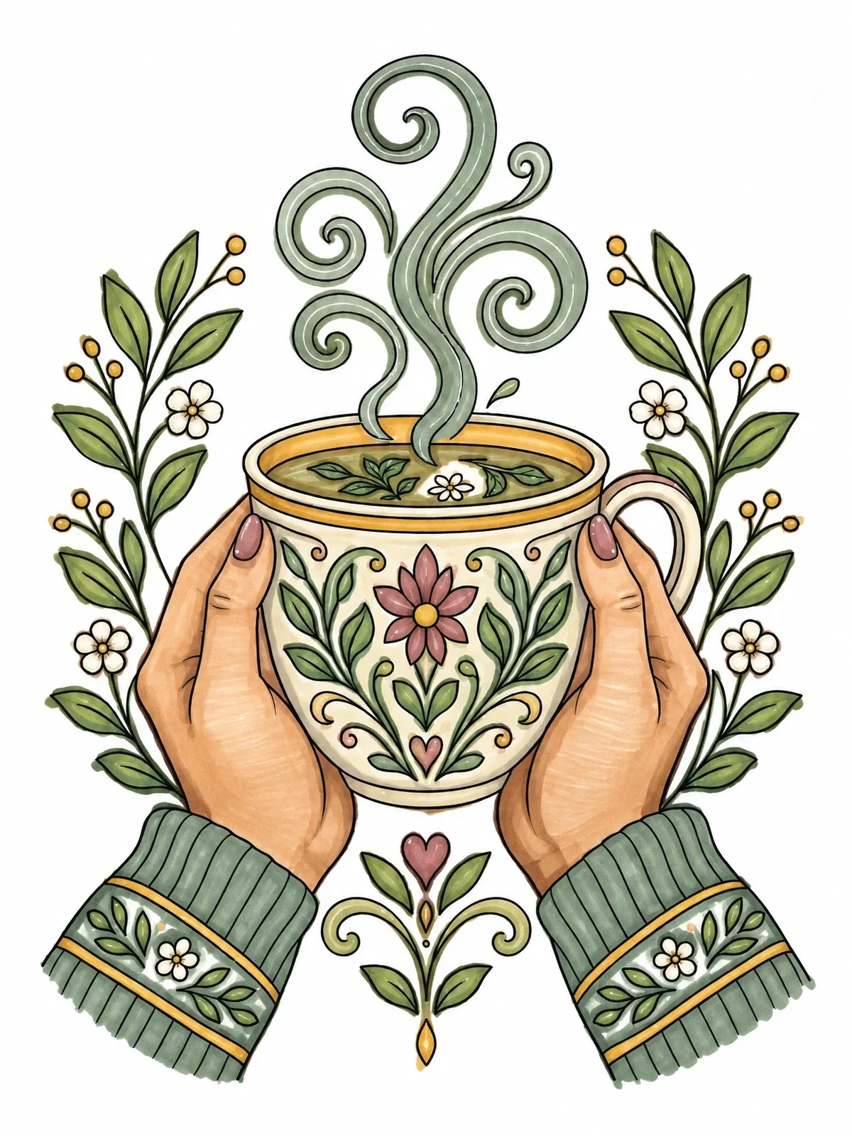 Colored example of the Cozy Herbal Tea Cup In Hands coloring page
