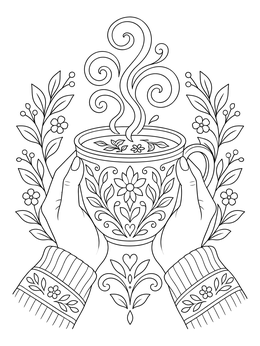 A soothing mental health coloring page of hands holding a warm tea mug with steam swirls.