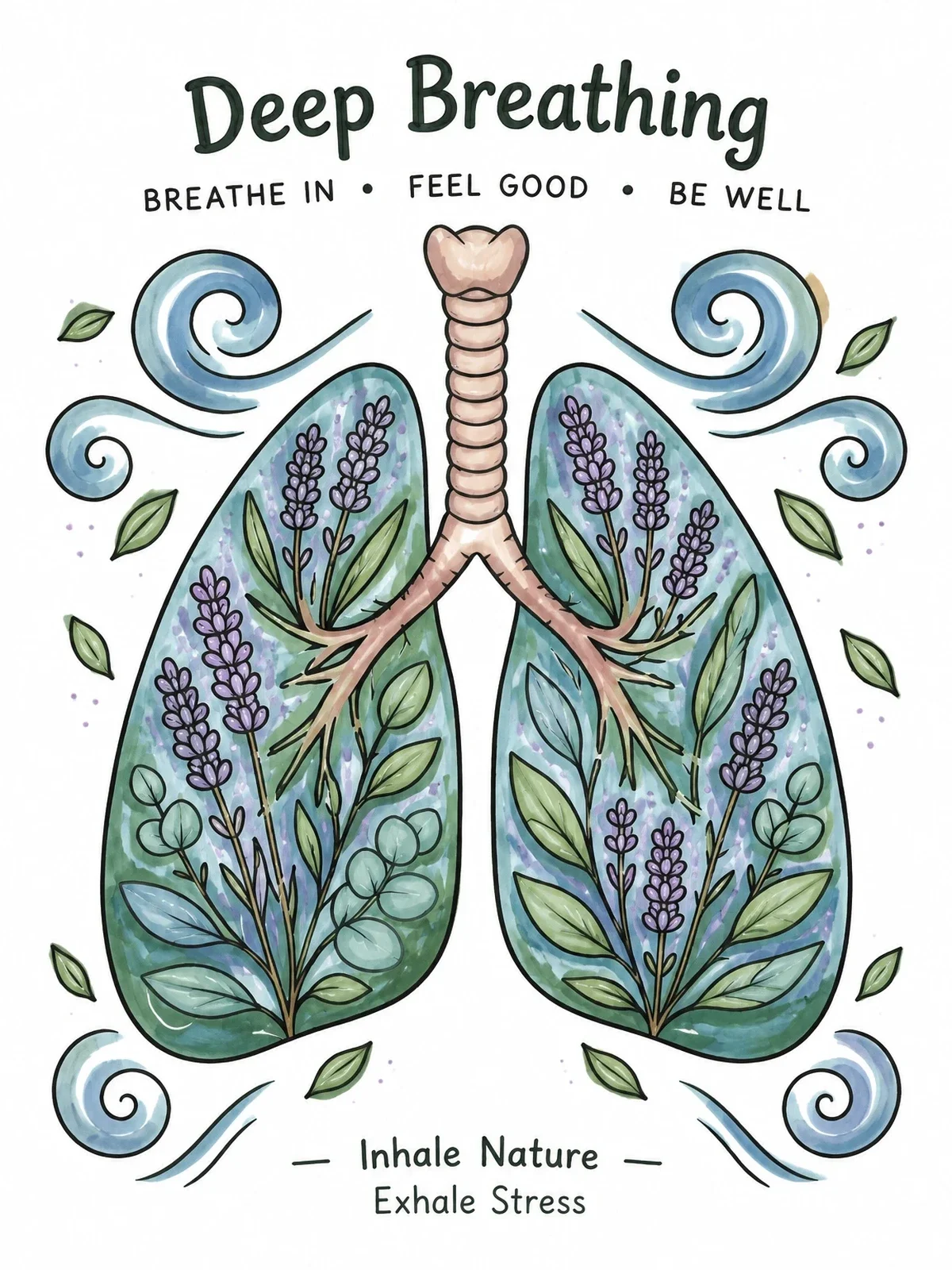 Colored example of the Botanical Lungs Deep Breathing Art coloring page
