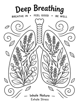 A mindful mental health coloring page featuring botanical lungs filled with lavender and eucalyptus.