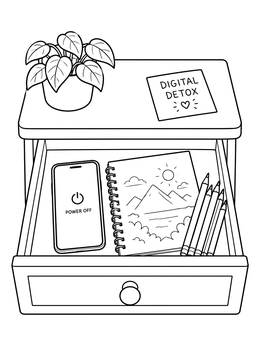 A switched-off phone and sketchbook in a mental health coloring page.