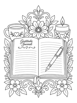 An open notebook on a mental health coloring page with a pen, tea, and floral borders.