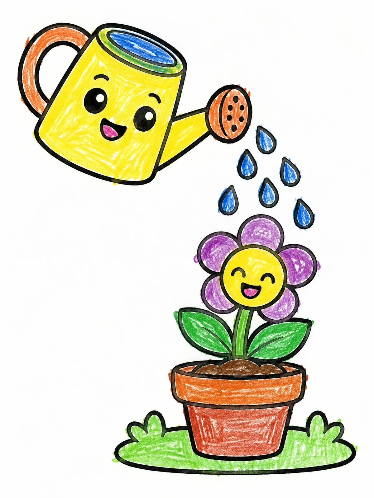 Colored example of the Happy Watering Can And Smiling Flower coloring page