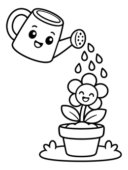 A mental health coloring page with a cute watering can sprinkling water on a potted flower.