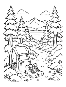 A peaceful mental health coloring page featuring a hiking backpack, boots, and pine trees.