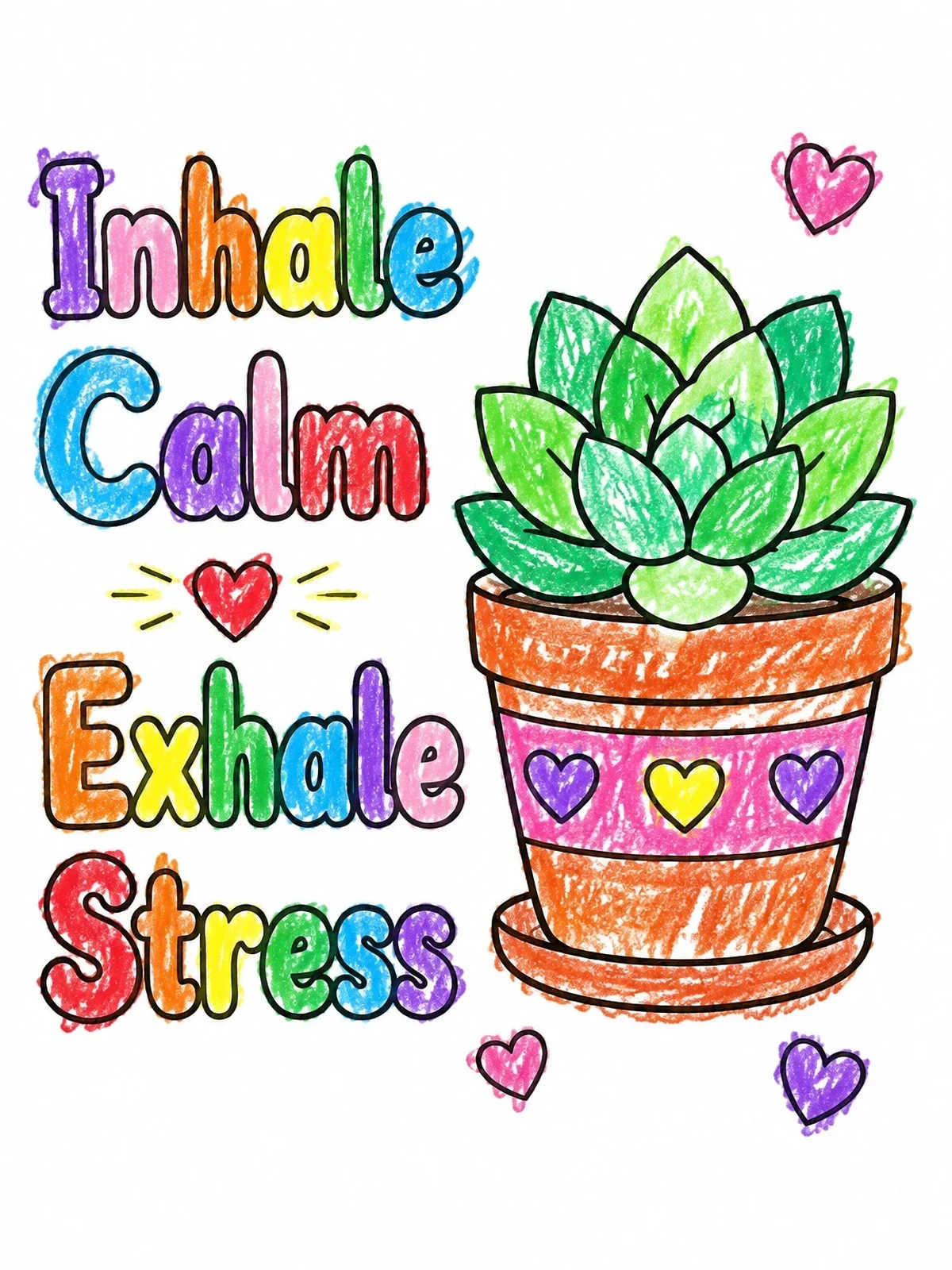 Colored example of the Mindful Succulent And Calming Words coloring page