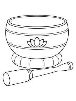 A peaceful mental health coloring page featuring a singing bowl on a cushion with a wooden mallet.