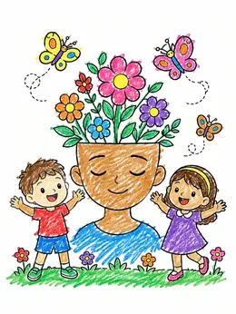 Mind Blooming With Flowers And Happy Kids – Mental Health Coloring Page