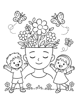 Free printable Mind Blooming With Flowers And Happy Kids coloring page