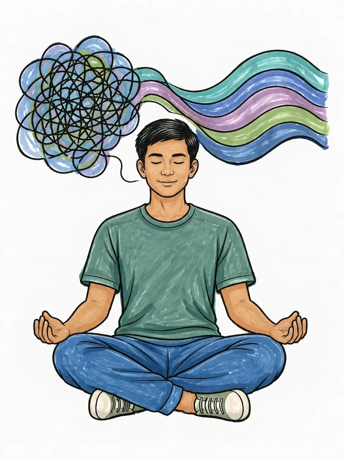 Colored example of the Mindful Meditation And Untangling Thoughts coloring page
