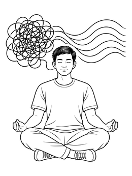 A peaceful mental health coloring page of a person meditating as tangled lines transform into calm waves.
