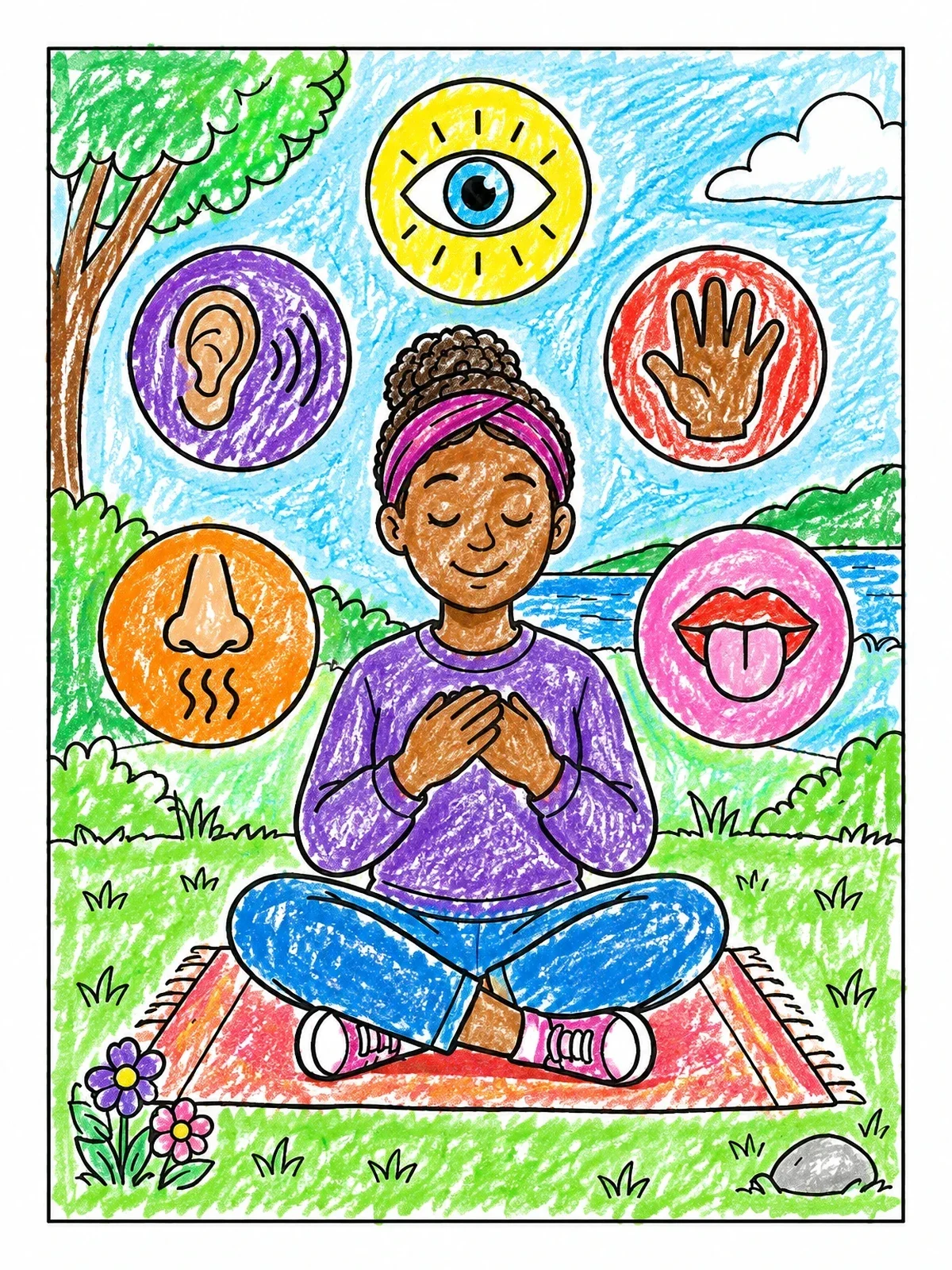 Colored example of the Mindful Sensory Grounding In Nature coloring page