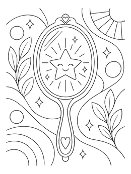 A mental health coloring page featuring a smiling star inside a hand mirror.