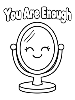 A smiling vanity mirror with text on this mental health coloring page.