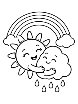 Free printable Sun Hugging Cloud Under Rainbow coloring page