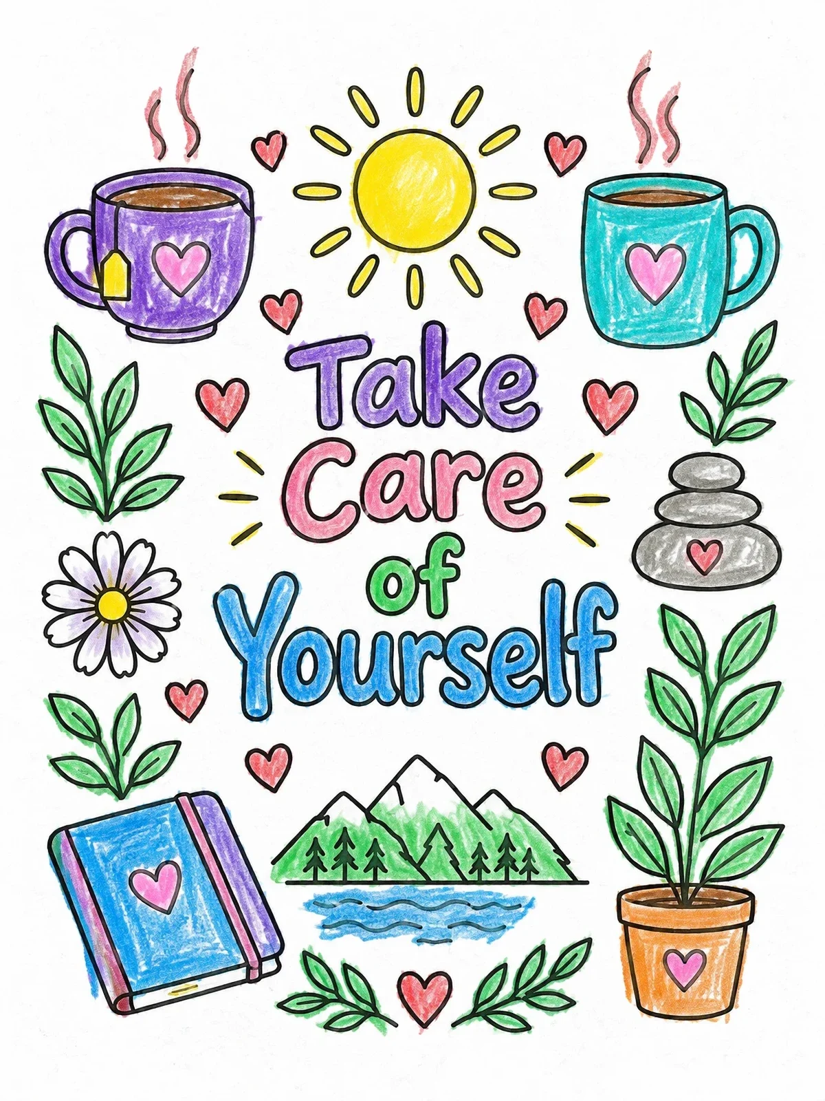Colored example of the Take Care Of Yourself Self Care Doodles coloring page