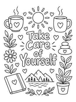 Inspiring mental health coloring page with Take Care of Yourself lettering surrounded by nature and cozy doodles.