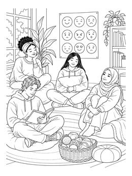 A group of students relaxes together in this mental health coloring page.