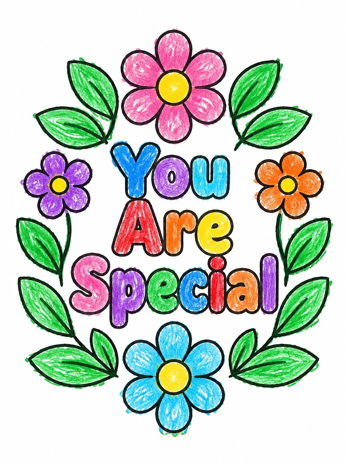 Colored example of the You Are Special Floral Wreath coloring page