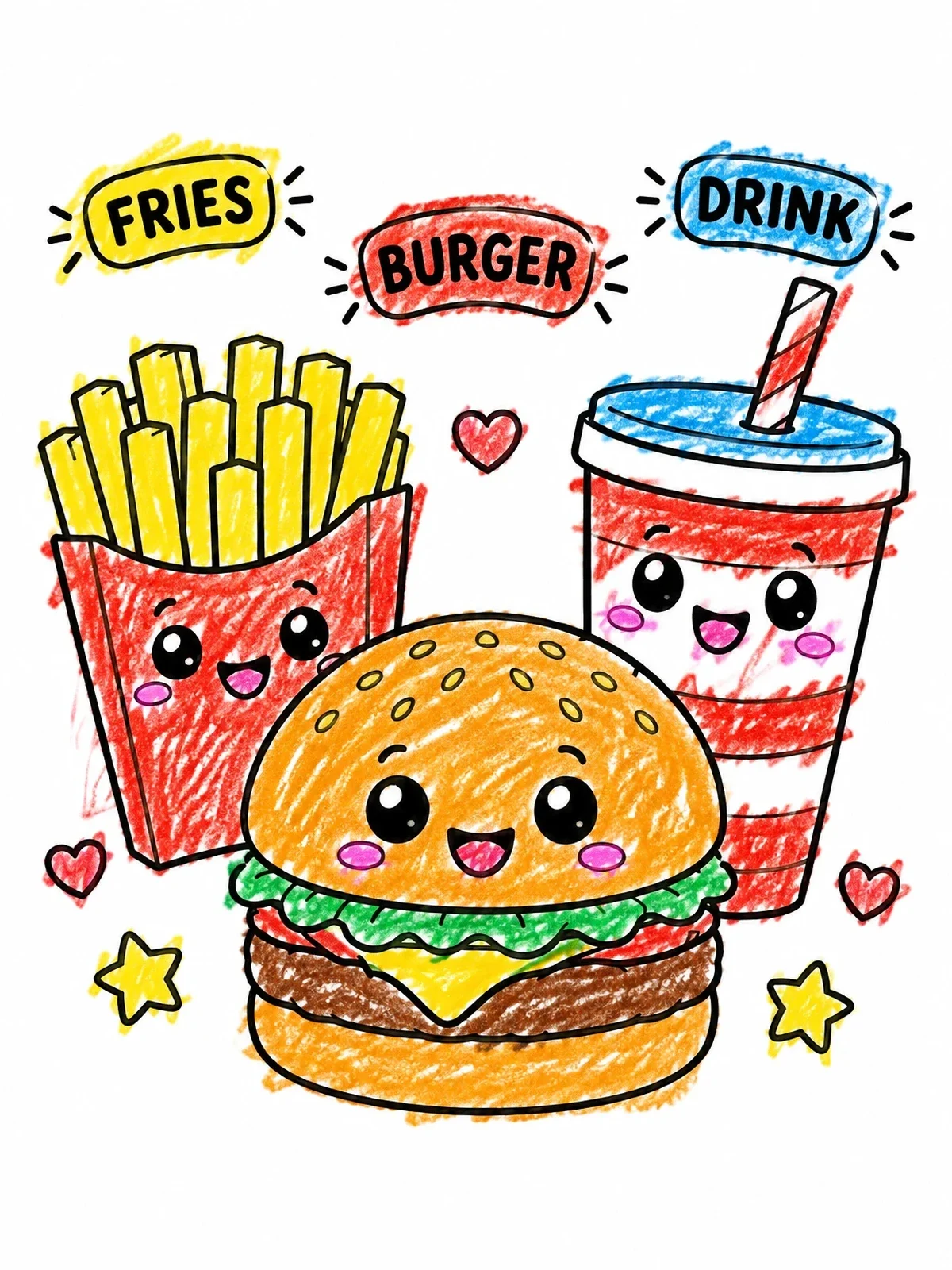 Colored example of the Kawaii Fast Food Combo Set coloring page