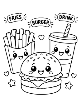 A cheerful burger, fries, and soda drink on this cute menu coloring page.