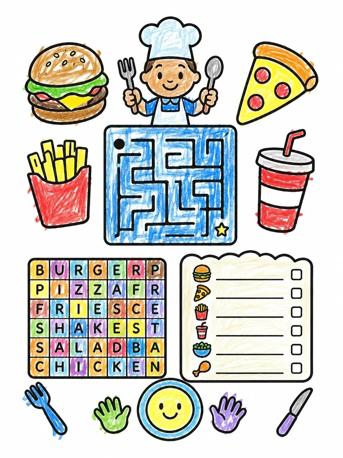 Colored example of the Kids Restaurant Activity Placemat coloring page