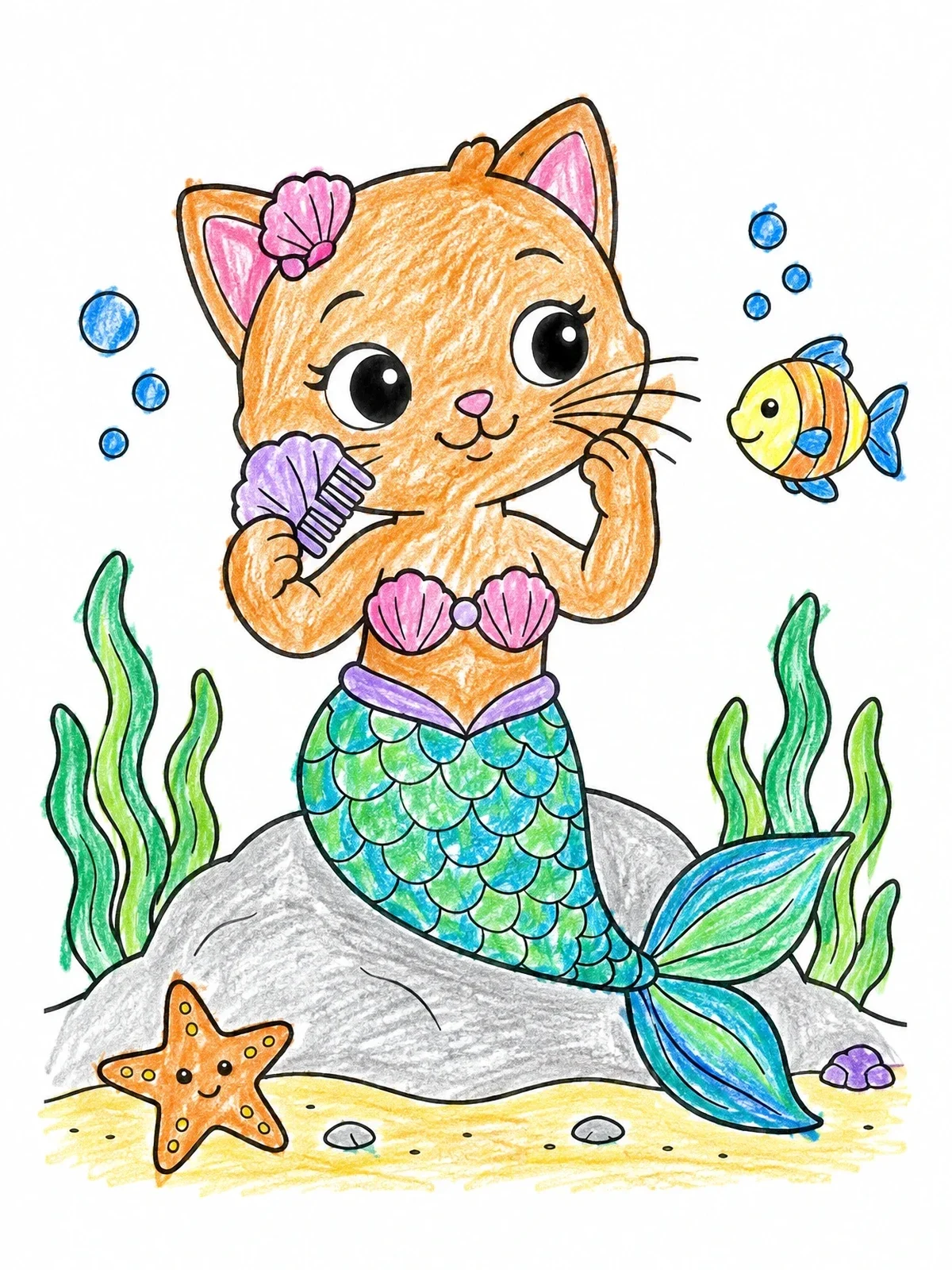 Colored example of the Mermaid Cat Combing Her Whiskers coloring page