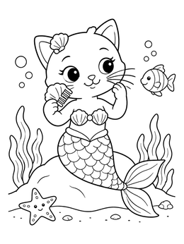 Free printable Mermaid Cat Combing Her Whiskers coloring page