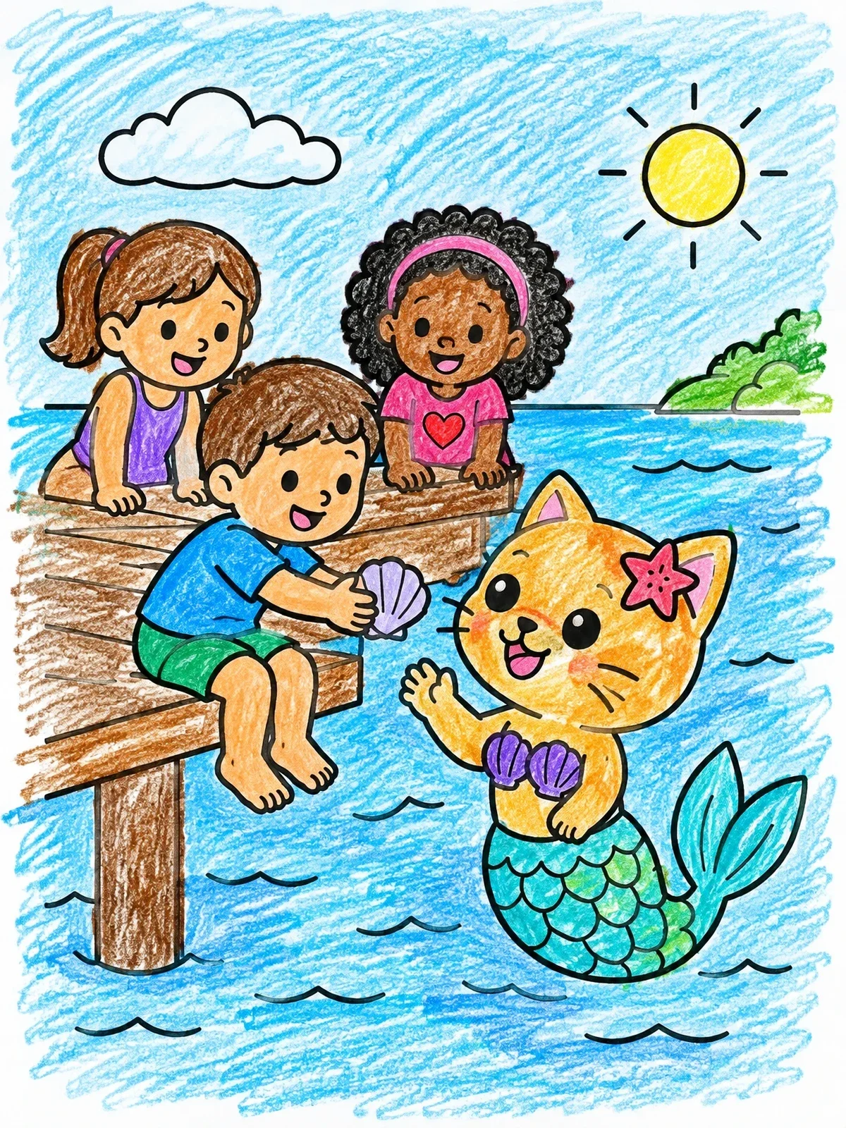 Colored example of the Children Meeting A Mermaid Cat coloring page