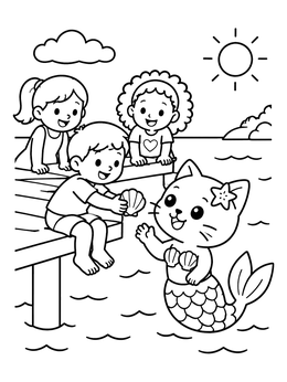 Kids on a wooden pier greet a smiling sea creature on this mercat coloring page.