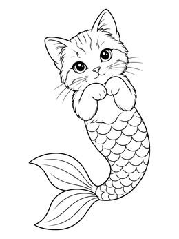 A cute mercat coloring page featuring a kitten with a curved fish tail.