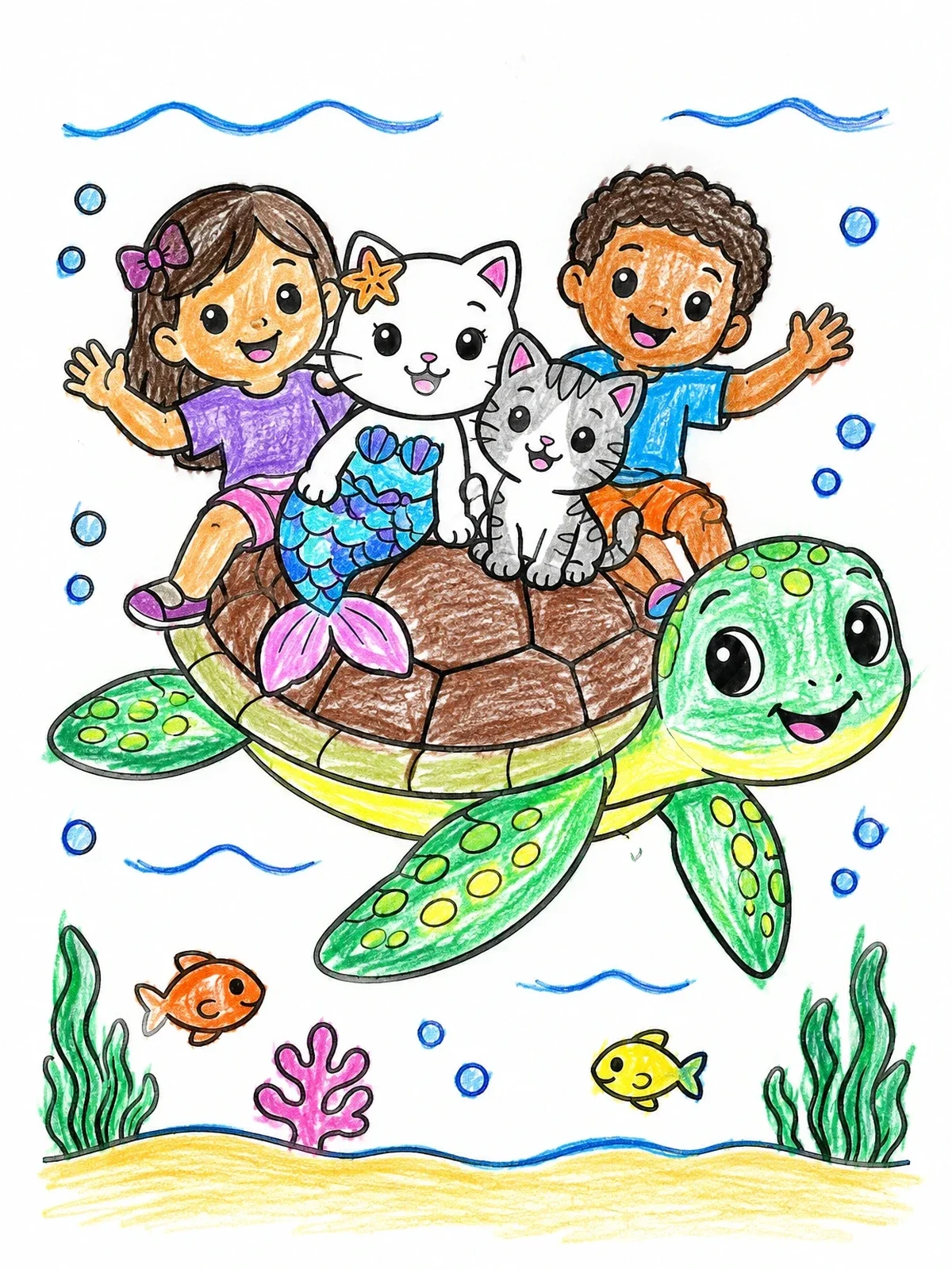 Colored example of the Sea Turtle Ride With Mercat And Friends coloring page