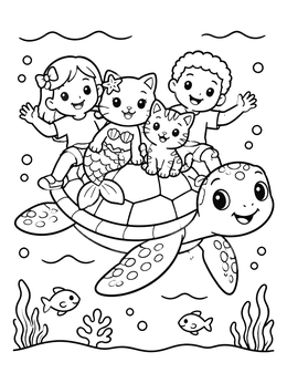 Free printable Sea Turtle Ride With Mercat And Friends coloring page