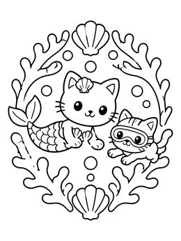 Free printable Mermaid Cat And Snorkeling Kitten coloring page