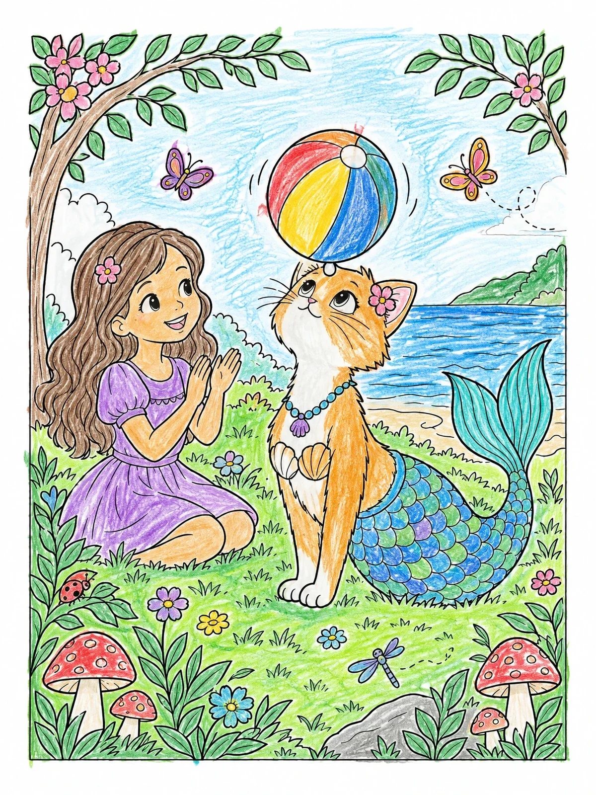 Colored example of the Mermaid Cat Balancing A Beach Ball coloring page