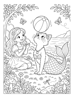 A cheerful girl watches a mercat coloring page scene with a beach ball.