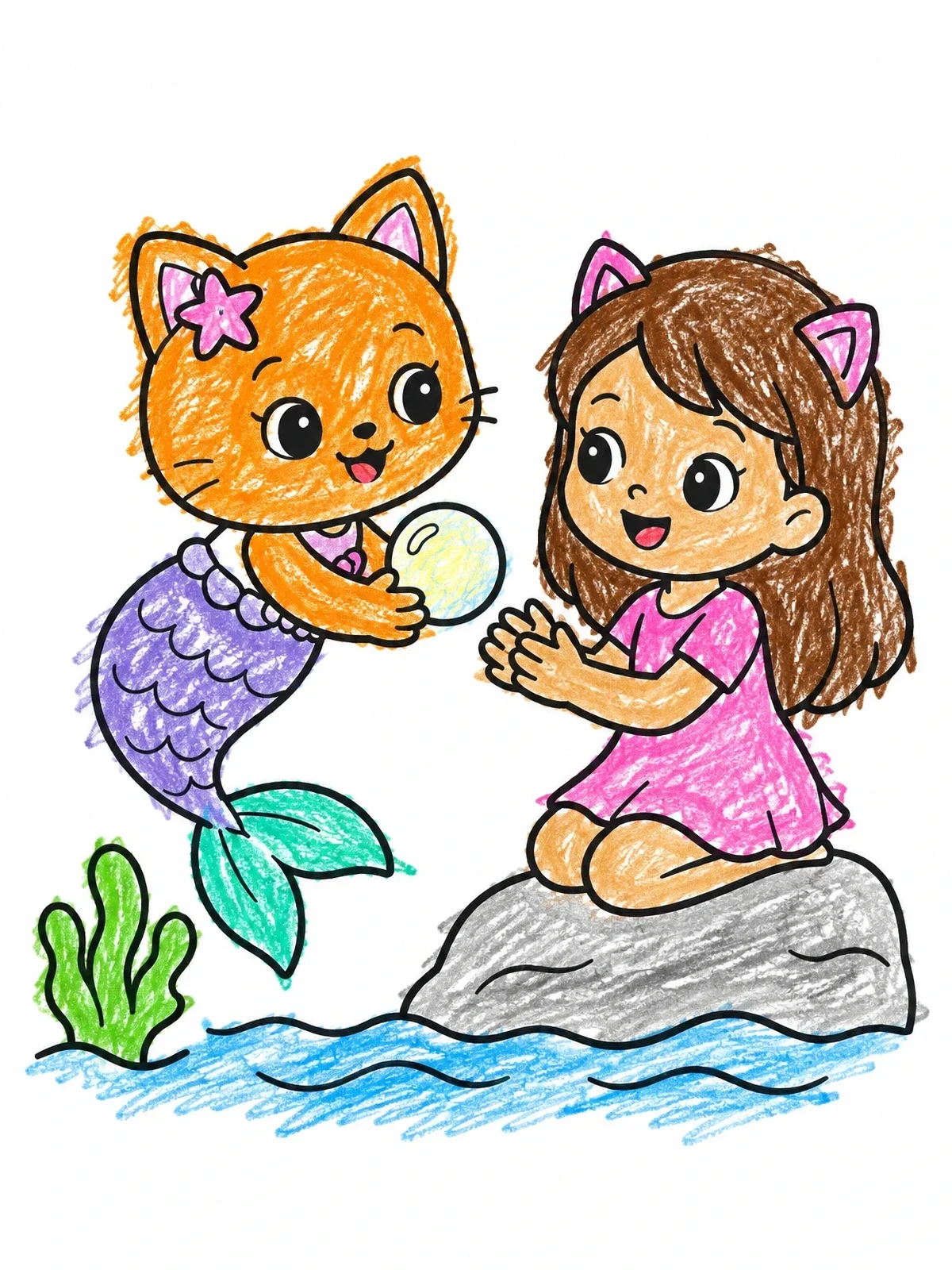 Colored example of the Mermaid Cat Giving Pearl To Girl coloring page