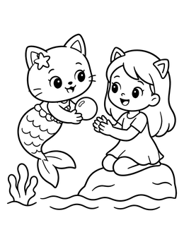A sweet mercat coloring page showing a mermaid cat offering a shining pearl to a smiling young girl.