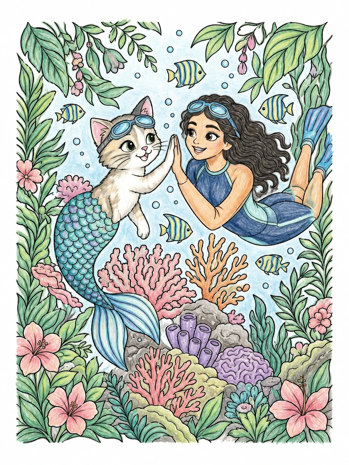 Colored example of the Mermaid Cat High Five With Diver coloring page
