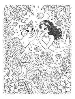 A friendly diver and swimming cat underwater in this mercat coloring page.