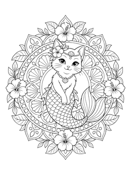 An ornate mercat coloring page centered in a floral circular mandala.