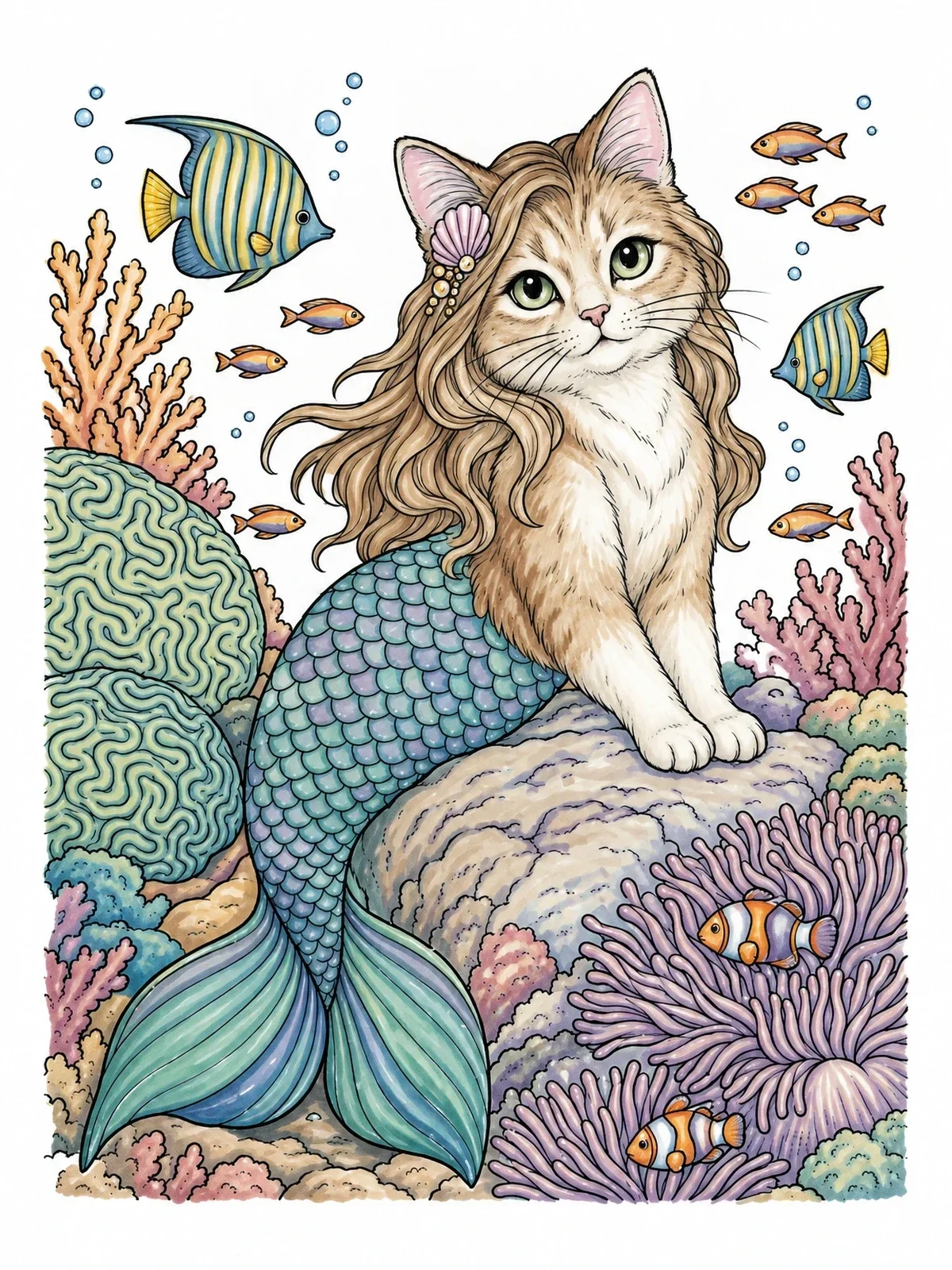 Colored example of the Mermaid Cat On Coral Reef coloring page