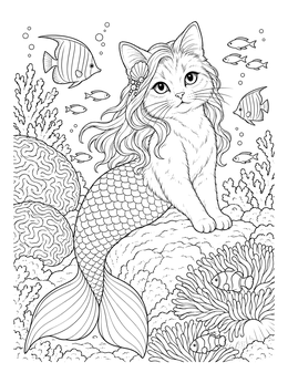 A detailed mercat coloring page featuring an underwater feline surrounded by sea anemones and fish.